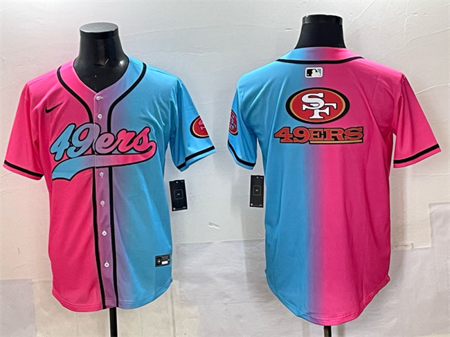 Men's San Francisco 49ers Team Big Logo Pink Blue Limited Stitched Baseball Jersey Men's San Francisco 49ers Team Big Logo Pink Blue Limited Stitched Baseball Jersey