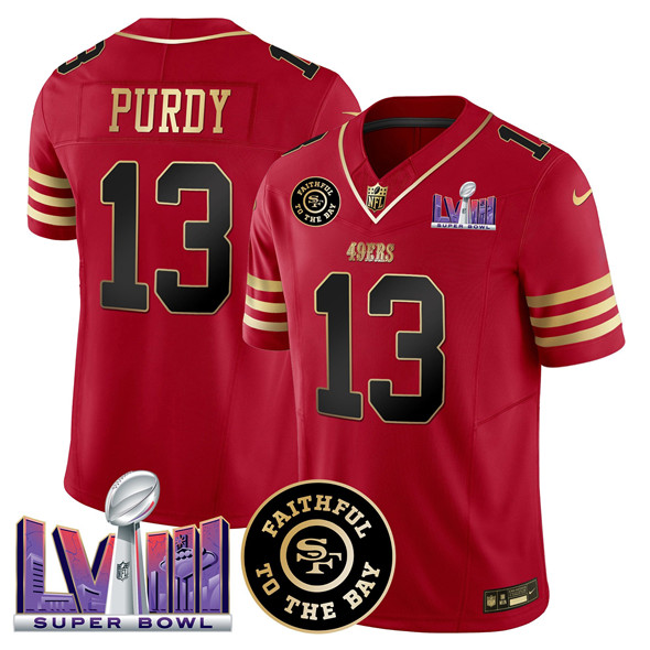 Men's San Francisco 49ers #13 Brock Purdy Red 2025 F.U.S.E. Faithful & Super Bowl LVIII Patch Vapor Limited Stitched Football Jersey Men's San Francisco 49ers #13 Brock Purdy Red 2025 F.U.S.E. Faithful & Super Bowl LVIII Patch Vapor Limited Stitched Football Jersey
