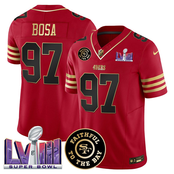 Men's San Francisco 49ers #97 Nick Bosa Red 2025 F.U.S.E. Faithful & Super Bowl LVIII Patch Vapor Limited Stitched Football Jersey Men's San Francisco 49ers #97 Nick Bosa Red 2025 F.U.S.E. Faithful & Super Bowl LVIII Patch Vapor Limited Stitched Football Jersey