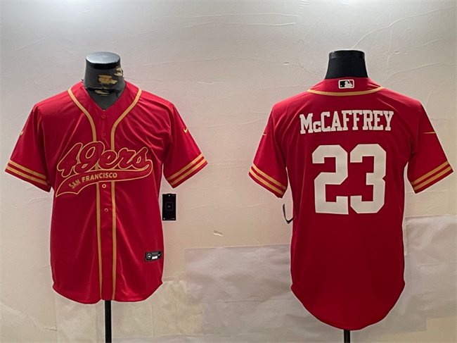 Men's San Francisco 49ers #23 Christian McCaffrey Red Cool Base Stitched Baseball Jersey Men's San Francisco 49ers #23 Christian McCaffrey Red Cool Base Stitched Baseball Jersey