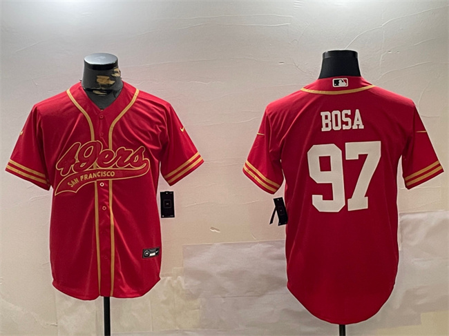 Men's San Francisco 49ers #97 Nick Bosa Red Cool Base Stitched Baseball Jersey Men's San Francisco 49ers #97 Nick Bosa Red Cool Base Stitched Baseball Jersey