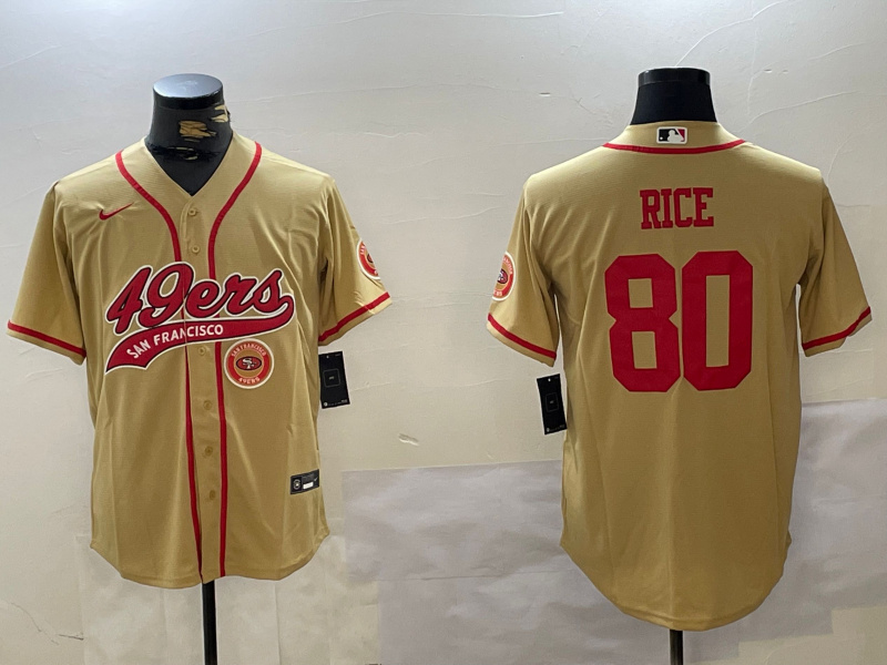 Men's San Francisco 49ers #80 Jerry Rice Gold With Patch Cool Base Stitched Baseball Jersey 3 Men's San Francisco 49ers #80 Jerry Rice Gold With Patch Cool Base Stitched Baseball Jersey 3