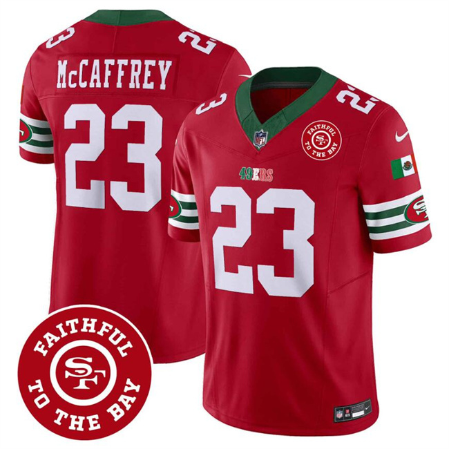 Men's San Francisco 49ers #23 Christian McCaffrey Red F.U.S.E. Mexico Faithful To The Bay Patch Vapor Limited Stitched Football Jersey Men's San Francisco 49ers #23 Christian McCaffrey Red F.U.S.E. Mexico Faithful To The Bay Patch Vapor Limited Stitched Football Jersey