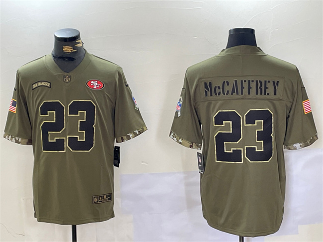 Men's San Francisco 49ers #23 Christian McCaffrey Olive 2022 Salute To Service Limited Stitched Jersey Men's San Francisco 49ers #23 Christian McCaffrey Olive 2022 Salute To Service Limited Stitched Jersey