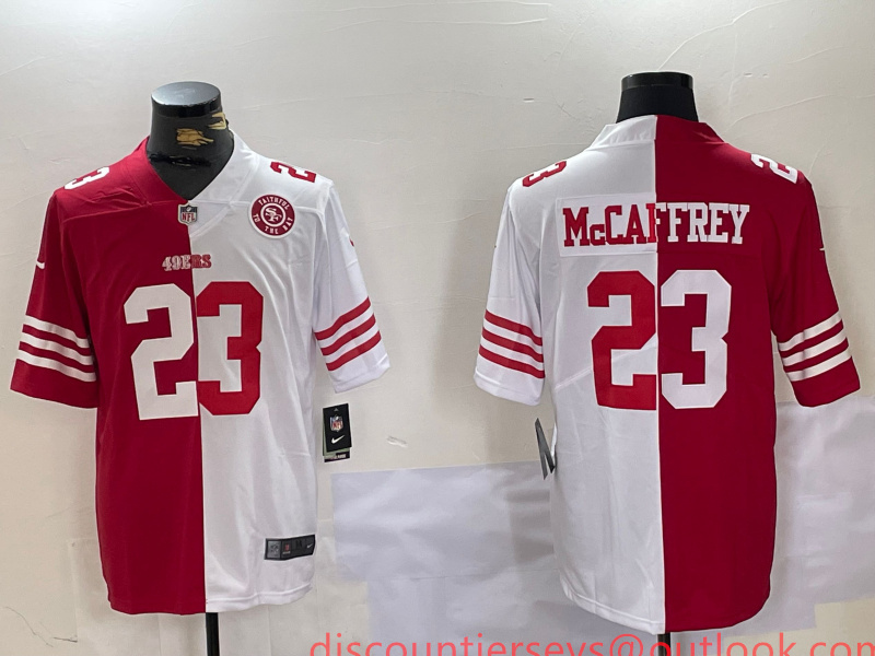 Men's San Francisco 49ers #23 Christian McCaffrey Red & White Split Limited Stitched Jersey 1 Men's San Francisco 49ers #23 Christian McCaffrey Red & White Split Limited Stitched Jersey 1