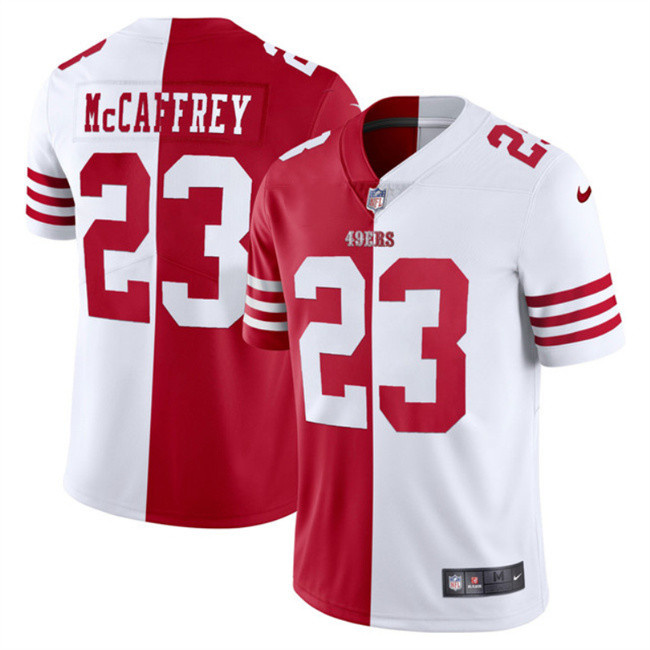 Men's San Francisco 49ers #23 Christian McCaffrey Red & White Split Limited Stitched Jersey Men's San Francisco 49ers #23 Christian McCaffrey Red & White Split Limited Stitched Jersey