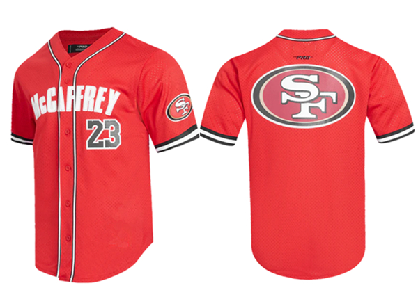 Men's San Francisco 49ers #23 Christian McCaffrey Mesh Button-Up Stitched Baseball Jersey Men's San Francisco 49ers #23 Christian McCaffrey Mesh Button-Up Stitched Baseball Jersey