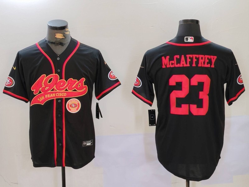 Men's San Francisco 49ers #23 Christian McCaffrey Black With Patch Cool Base Stitched Baseball Jersey 2 Men's San Francisco 49ers #23 Christian McCaffrey Black With Patch Cool Base Stitched Baseball Jersey 2