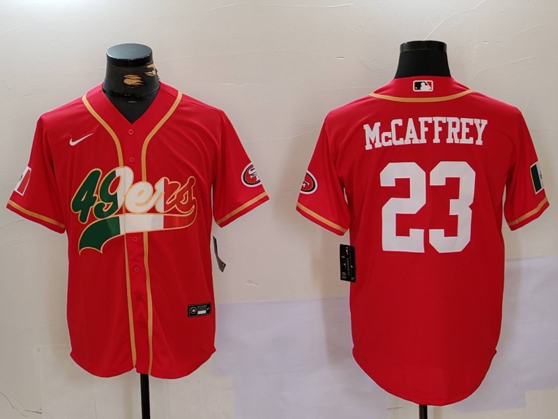 Men's San Francisco 49ers #23 Christian McCaffrey Red With Patch Cool Base Stitched Baseball Jersey 2 Men's San Francisco 49ers #23 Christian McCaffrey Red With Patch Cool Base Stitched Baseball Jersey 2
