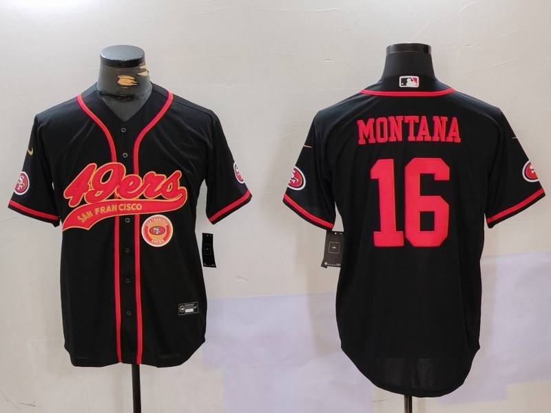 Men's San Francisco 49ers #16 Joe Montana Black With Patch Cool Base Stitched Baseball Jersey 5 Men's San Francisco 49ers #16 Joe Montana Black With Patch Cool Base Stitched Baseball Jersey 5