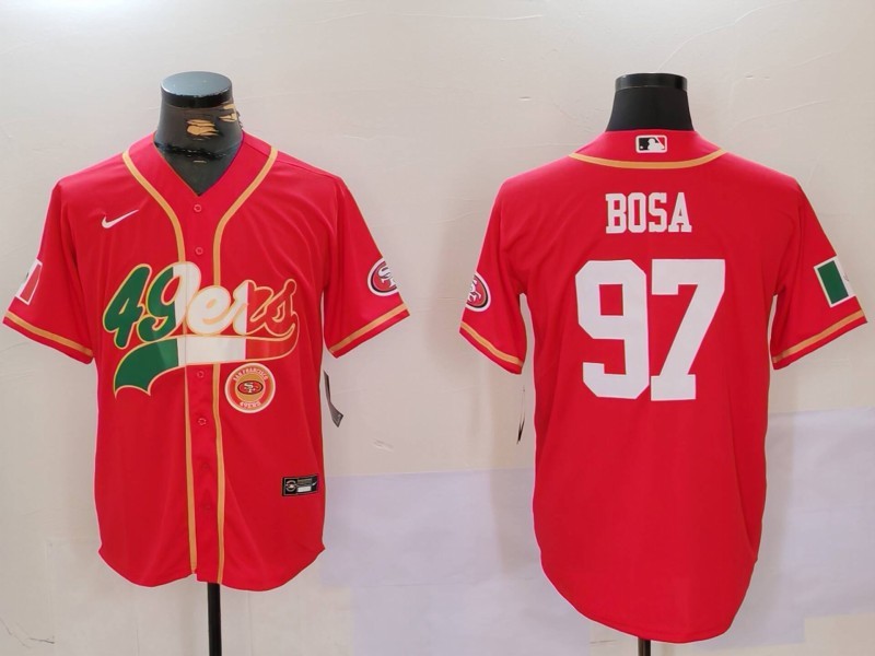 Men's San Francisco 49ers #97 Nick Bosa Red With Patch Cool Base Stitched Baseball Jersey Men's San Francisco 49ers #97 Nick Bosa Red With Patch Cool Base Stitched Baseball Jersey