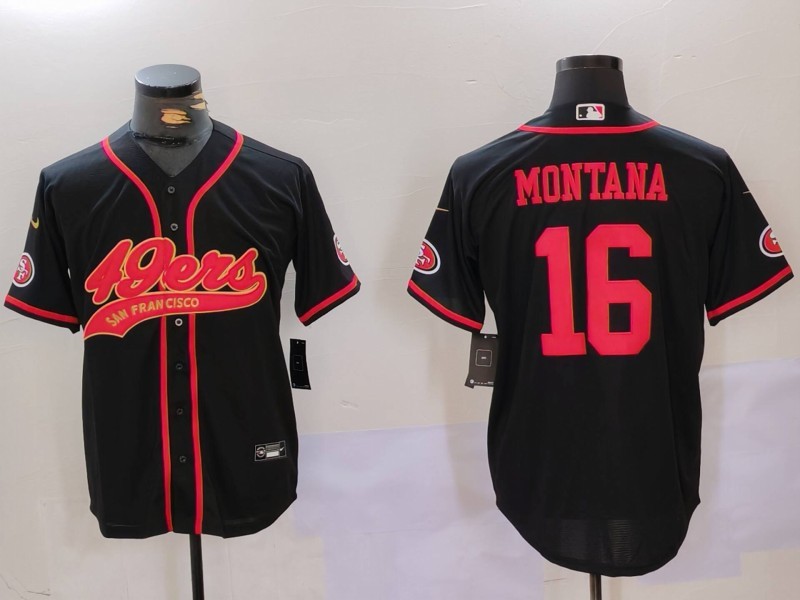 Men's San Francisco 49ers #16 Joe Montana Black With Patch Cool Base Stitched Baseball Jersey Men's San Francisco 49ers #16 Joe Montana Black With Patch Cool Base Stitched Baseball Jersey