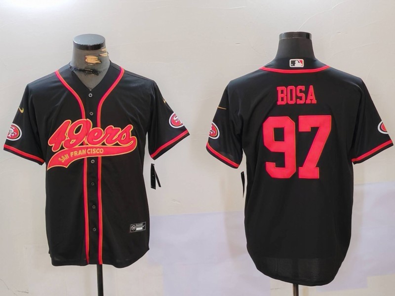 Men's San Francisco 49ers #97 Nick Bosa Black With Patch Cool Base Stitched Baseball Jersey 2 Men's San Francisco 49ers #97 Nick Bosa Black With Patch Cool Base Stitched Baseball Jersey 2