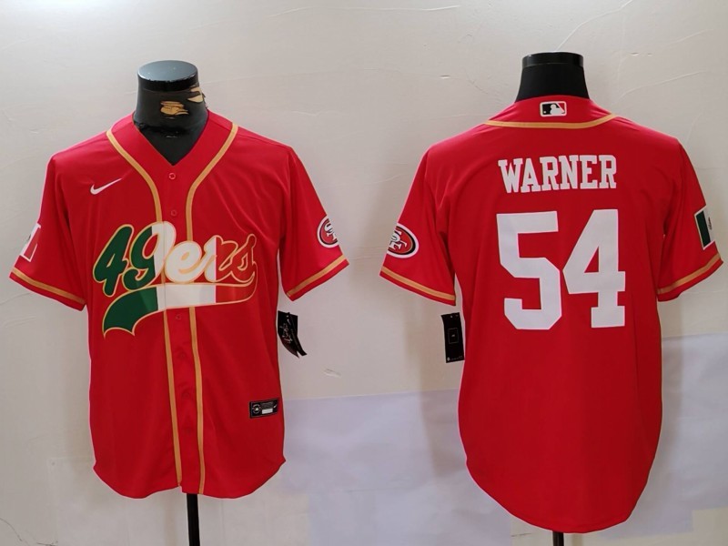 Men's San Francisco 49ers #54 Fred Warner Red With Patch Cool Base Stitched Baseball Jersey 3 Men's San Francisco 49ers #54 Fred Warner Red With Patch Cool Base Stitched Baseball Jersey 3