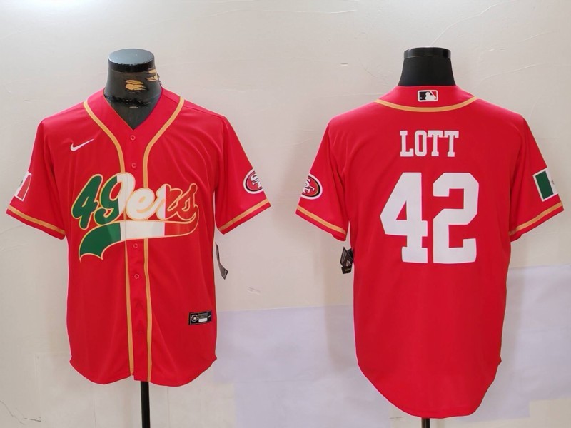 Men's San Francisco 49ers #42 Ronnie Lott Red With Patch Cool Base Stitched Baseball Jersey 1 Men's San Francisco 49ers #42 Ronnie Lott Red With Patch Cool Base Stitched Baseball Jersey 1