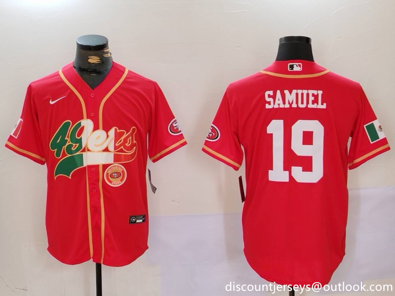 Men's San Francisco 49ers#19 Deebo Samuel Red With Patch Cool Base Stitched Baseball Jersey Men's San Francisco 49ers#19 Deebo Samuel Red With Patch Cool Base Stitched Baseball Jersey