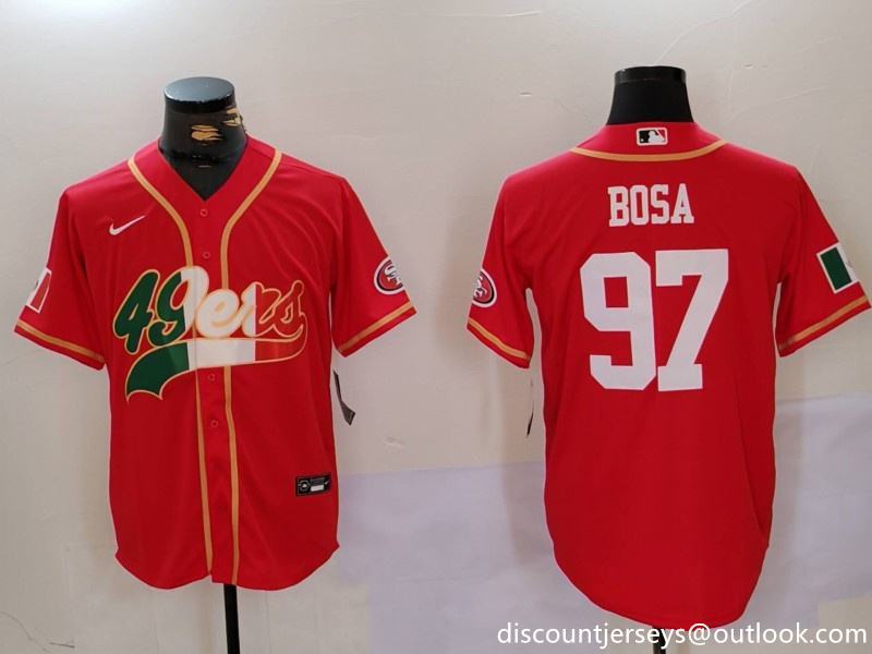 Men's San Francisco 49ers #97 Nick Bosa Red With Patch Cool Base Stitched Baseball Jersey 3 Men's San Francisco 49ers #97 Nick Bosa Red With Patch Cool Base Stitched Baseball Jersey 3