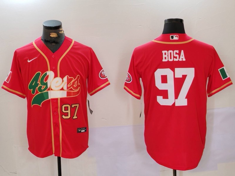 Men's San Francisco 49ers #97 Nick Bosa Red With Patch Cool Base Stitched Baseball Jersey 2 Men's San Francisco 49ers #97 Nick Bosa Red With Patch Cool Base Stitched Baseball Jersey 2