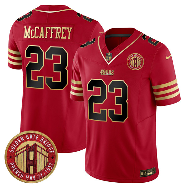 Men's San Francisco 49ers #23 Christian McCaffrey Red F.U.S.E. Golden Gate Bridge Patch Balck Scarlet Vapor Limited Stitched Football Jersey Men's San Francisco 49ers #23 Christian McCaffrey Red F.U.S.E. Golden Gate Bridge Patch Balck Scarlet Vapor Limited Stitched Football Jersey