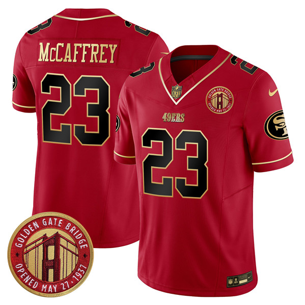 Men's San Francisco 49ers #23 Christian McCaffrey Red F.U.S.E. Golden Gate Bridge Patch Scarlet Vapor Limited Stitched Football Jersey Men's San Francisco 49ers #23 Christian McCaffrey Red F.U.S.E. Golden Gate Bridge Patch Scarlet Vapor Limited Stitched Football Jersey