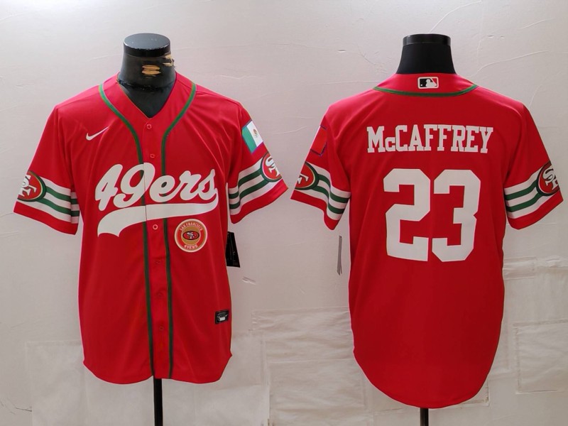 Men's San Francisco 49ers #23 Christian McCaffrey Red With Patch Cool Base Stitched Baseball Jersey 3 Men's San Francisco 49ers #23 Christian McCaffrey Red With Patch Cool Base Stitched Baseball Jersey 3