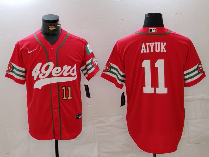 Men's San Francisco 49ers #11 Brandon Aiyuk Red With Patch Cool Base Stitched Baseball Jersey 3 Men's San Francisco 49ers #11 Brandon Aiyuk Red With Patch Cool Base Stitched Baseball Jersey 3