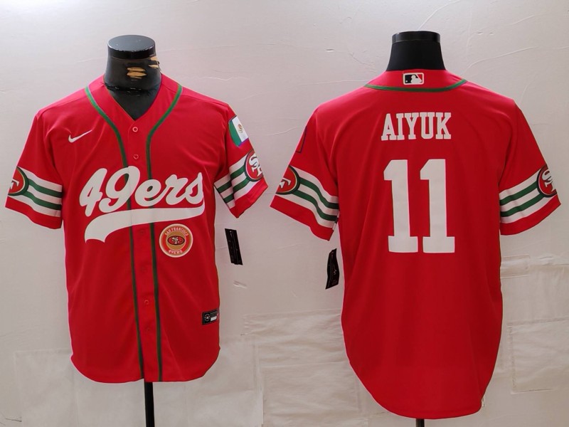 Men's San Francisco 49ers #11 Brandon Aiyuk Red With Patch Cool Base Stitched Baseball Jersey 2 Men's San Francisco 49ers #11 Brandon Aiyuk Red With Patch Cool Base Stitched Baseball Jersey 2