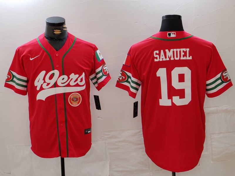 Men's San Francisco 49ers #19 Deebo Samuel Red With Patch Cool Base Stitched Baseball Jersey 3 Men's San Francisco 49ers #19 Deebo Samuel Red With Patch Cool Base Stitched Baseball Jersey 3