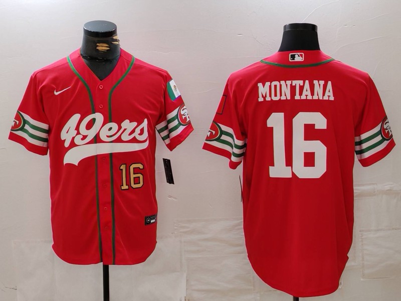 Men's San Francisco 49ers #16 Joe Montana Red With Patch Cool Base Stitched Baseball Jersey 3 Men's San Francisco 49ers #16 Joe Montana Red With Patch Cool Base Stitched Baseball Jersey 3