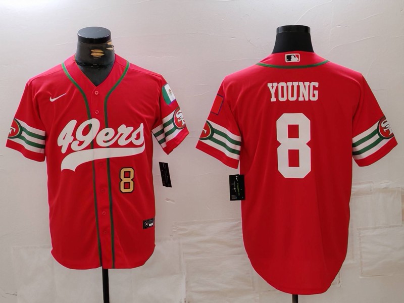 Men's San Francisco 49ers #8 Steve Young Red With Patch Cool Base Stitched Baseball Jersey 2 Men's San Francisco 49ers #8 Steve Young Red With Patch Cool Base Stitched Baseball Jersey 2