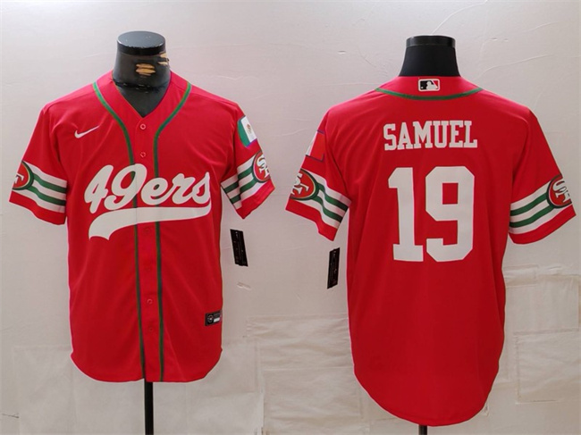 Men's San Francisco 49ers #19 Deebo Samuel Red With Patch Cool Base Stitched Baseball Jersey Men's San Francisco 49ers #19 Deebo Samuel Red With Patch Cool Base Stitched Baseball Jersey