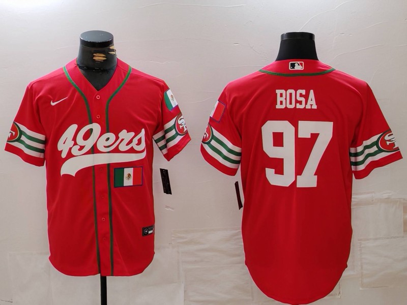 Men's San Francisco 49ers #97 Nick Bosa Red With Patch Cool Base Stitched Baseball Jersey 1 Men's San Francisco 49ers #97 Nick Bosa Red With Patch Cool Base Stitched Baseball Jersey 1