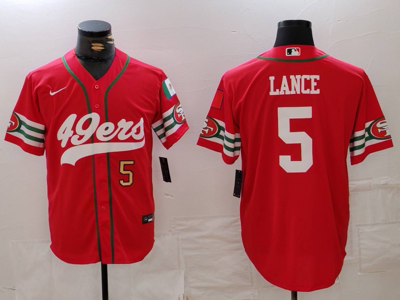 Men's San Francisco 49ers #5 Trey Lance Red With Patch Cool Base Stitched Baseball Jersey 2 Men's San Francisco 49ers #5 Trey Lance Red With Patch Cool Base Stitched Baseball Jersey 2