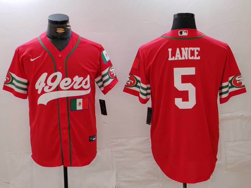 Men's San Francisco 49ers #5 Trey Lance Red With Patch Cool Base Stitched Baseball Jersey 1 Men's San Francisco 49ers #5 Trey Lance Red With Patch Cool Base Stitched Baseball Jersey 1