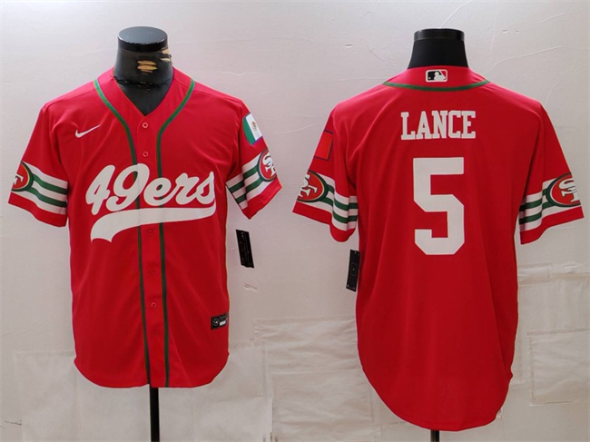 Men's San Francisco 49ers #5 Trey Lance Red With Patch Cool Base Stitched Baseball Jersey Men's San Francisco 49ers #5 Trey Lance Red With Patch Cool Base Stitched Baseball Jersey