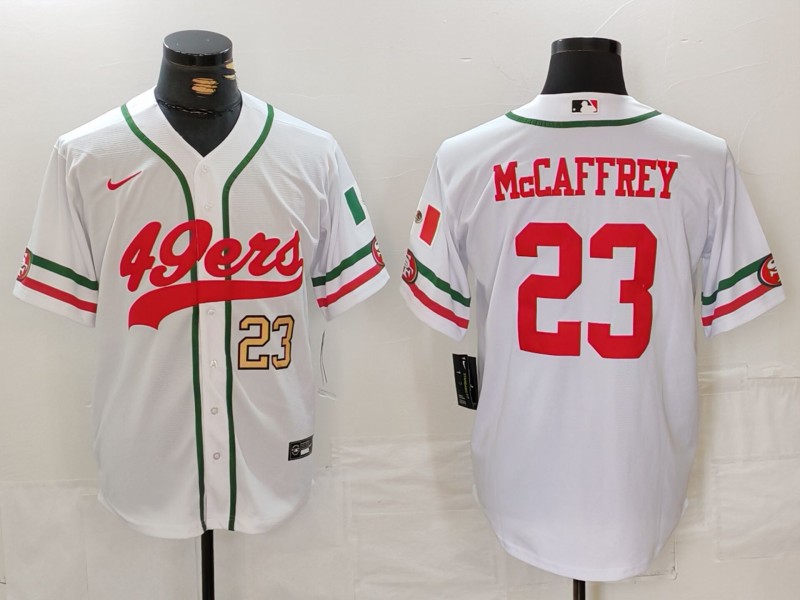 Men's San Francisco 49ers #23 Christian McCaffrey White With Patch Cool Base Stitched Baseball Jersey 2 Men's San Francisco 49ers #23 Christian McCaffrey White With Patch Cool Base Stitched Baseball Jersey 2