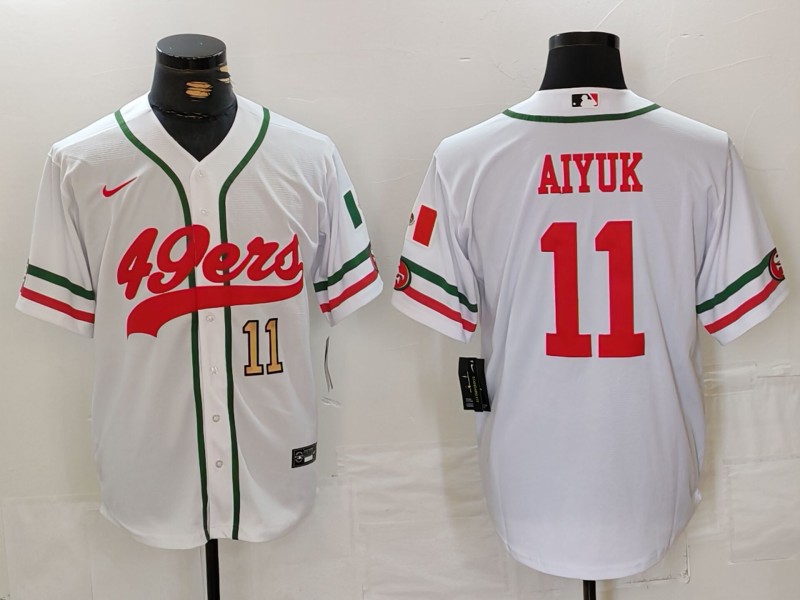 Men's San Francisco 49ers #11 Brandon Aiyuk White With Patch Cool Base Stitched Baseball Jersey 2 Men's San Francisco 49ers #11 Brandon Aiyuk White With Patch Cool Base Stitched Baseball Jersey 2