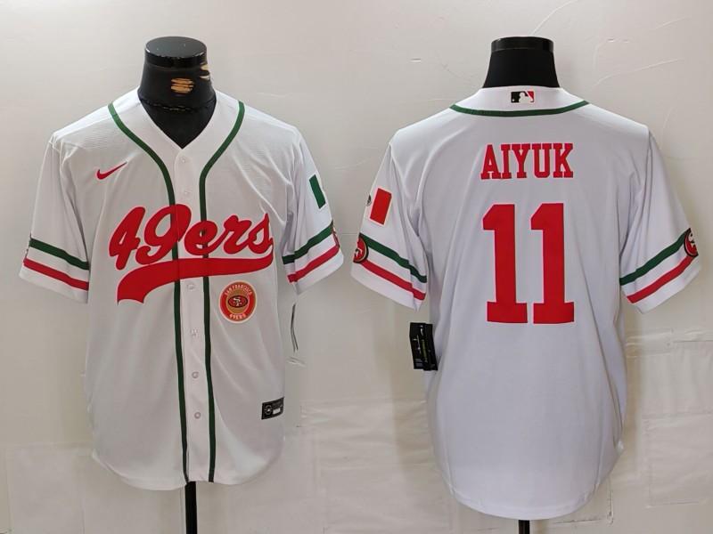 Men's San Francisco 49ers #11 Brandon Aiyuk White With Patch Cool Base Stitched Baseball Jersey 1 Men's San Francisco 49ers #11 Brandon Aiyuk White With Patch Cool Base Stitched Baseball Jersey 1