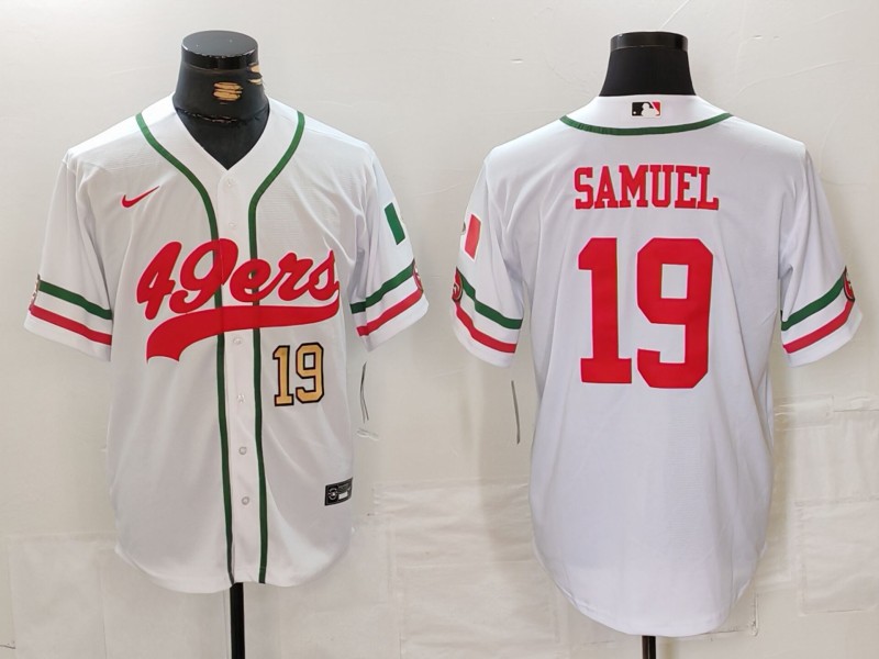 Men's San Francisco 49ers #19 Deebo Samuel White With Patch Cool Base Stitched Baseball Jersey 2 Men's San Francisco 49ers #19 Deebo Samuel White With Patch Cool Base Stitched Baseball Jersey 2