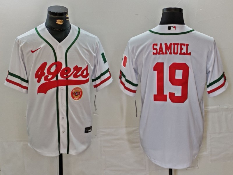 Men's San Francisco 49ers #19 Deebo Samuel White With Patch Cool Base Stitched Baseball Jersey 1 Men's San Francisco 49ers #19 Deebo Samuel White With Patch Cool Base Stitched Baseball Jersey 1
