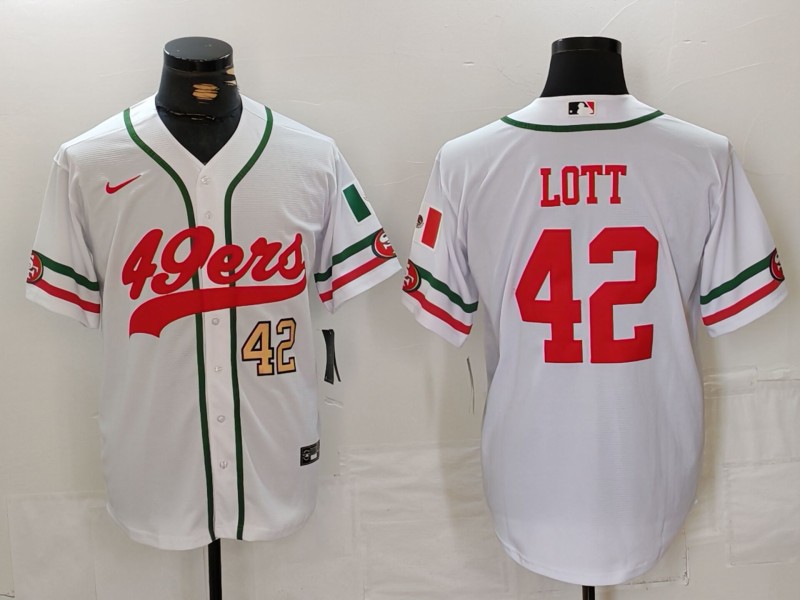 Men's San Francisco 49ers #42 Ronnie Lott White With Patch Cool Base Stitched Baseball Jersey 3 Men's San Francisco 49ers #42 Ronnie Lott White With Patch Cool Base Stitched Baseball Jersey 3