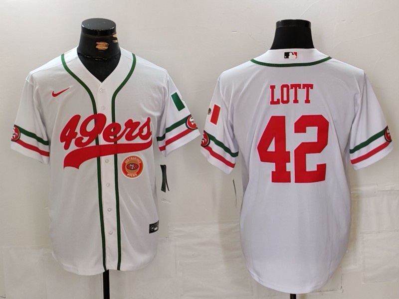 Men's San Francisco 49ers #42 Ronnie Lott White With Patch Cool Base Stitched Baseball Jersey 2 Men's San Francisco 49ers #42 Ronnie Lott White With Patch Cool Base Stitched Baseball Jersey 2