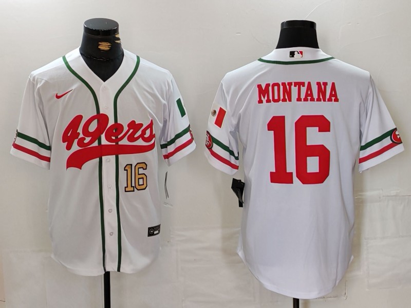 Men's San Francisco 49ers #16 Joe Montana White With Patch Cool Base Stitched Baseball Jersey 2 Men's San Francisco 49ers #16 Joe Montana White With Patch Cool Base Stitched Baseball Jersey 2