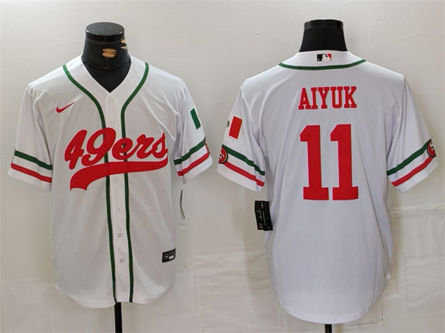 Men's San Francisco 49ers #11 Brandon Aiyuk White With Patch Cool Base Stitched Baseball Jersey Men's San Francisco 49ers #11 Brandon Aiyuk White With Patch Cool Base Stitched Baseball Jersey
