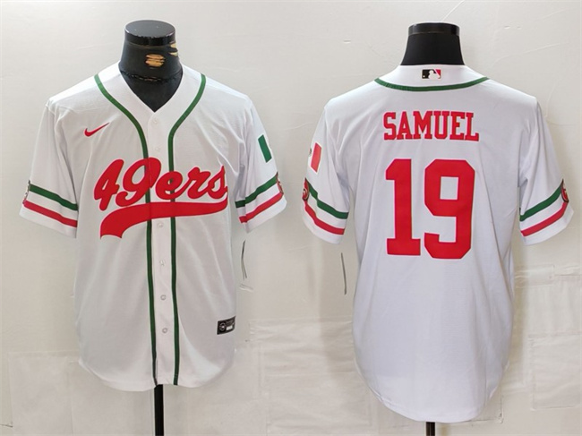 Men's San Francisco 49ers #19 Deebo Samuel White With Patch Cool Base Stitched Baseball Jersey Men's San Francisco 49ers #19 Deebo Samuel White With Patch Cool Base Stitched Baseball Jersey