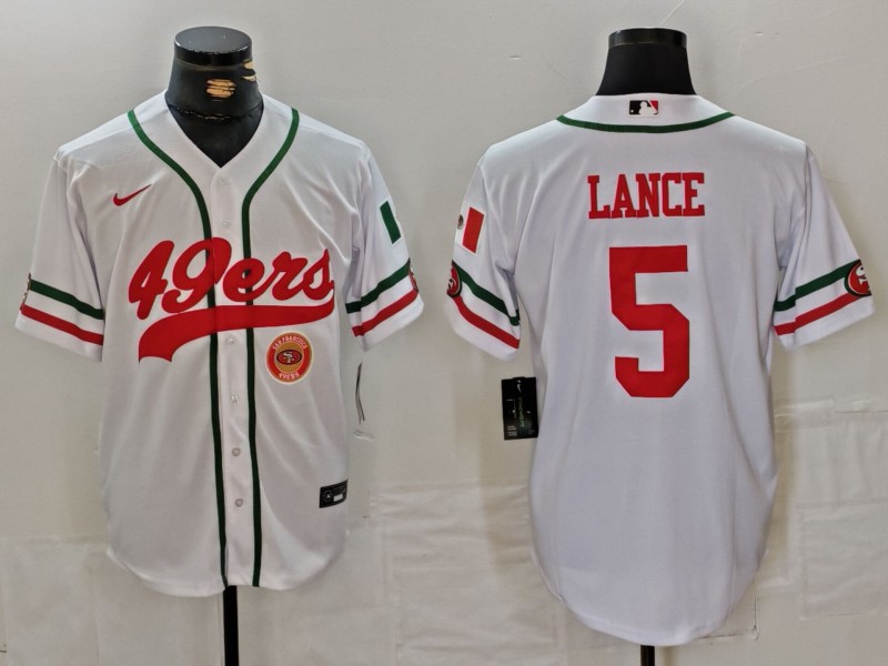 Men's San Francisco 49ers #5 Trey Lance White With Patch Cool Base Stitched Baseball Jersey 1 Men's San Francisco 49ers #5 Trey Lance White With Patch Cool Base Stitched Baseball Jersey 1