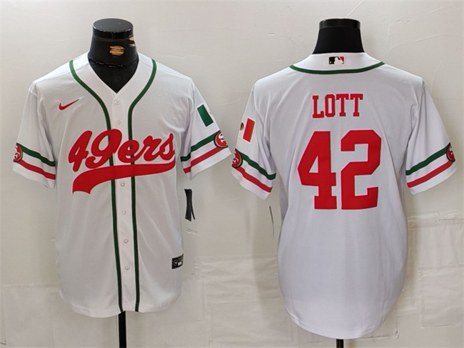 Men's San Francisco 49ers #42 Ronnie Lott White With Patch Cool Base Stitched Baseball Jersey Men's San Francisco 49ers #42 Ronnie Lott White With Patch Cool Base Stitched Baseball Jersey