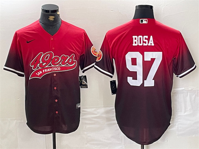 Men's San Francisco 49ers #97 Nick Bosa Red Black With Patch Cool Base Stitched Baseball jerseys Men's San Francisco 49ers #97 Nick Bosa Red Black With Patch Cool Base Stitched Baseball jerseys