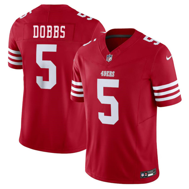 Men's San Francisco 49ers #5 Josh Dobbs Red 2024 F.U.S.E Vapor Untouchable Limited Stitched Football Jersey Men's San Francisco 49ers #5 Josh Dobbs Red 2024 F.U.S.E Vapor Untouchable Limited Stitched Football Jersey