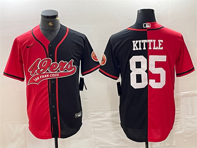 Men's San Francisco 49ers #85 George Kittle Red Black Split With Patch Cool Base Stitched Baseball Jersey Men's San Francisco 49ers #85 George Kittle Red Black Split With Patch Cool Base Stitched Baseball Jersey